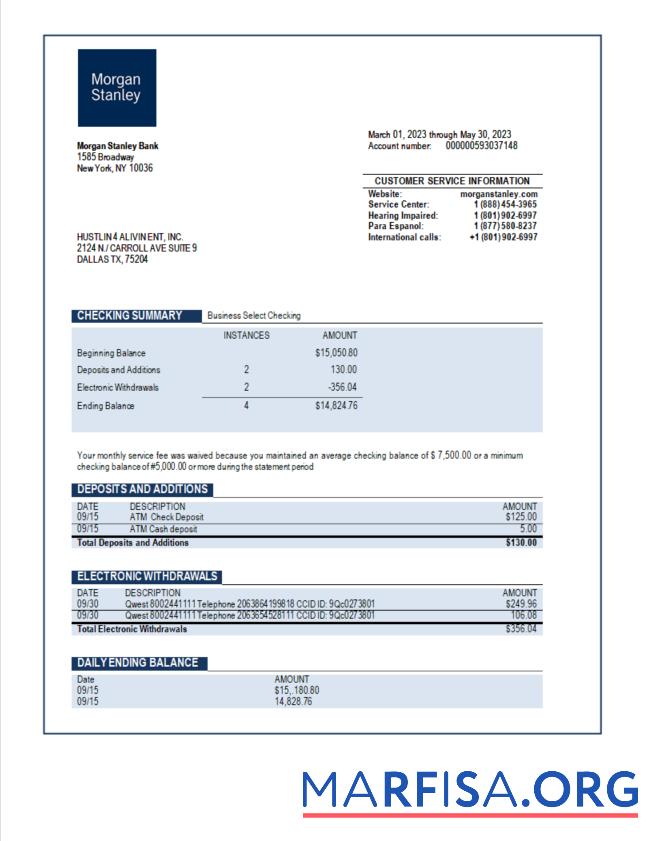 Realistic Morgan Stanley Bank organization account statement Word and PDF template